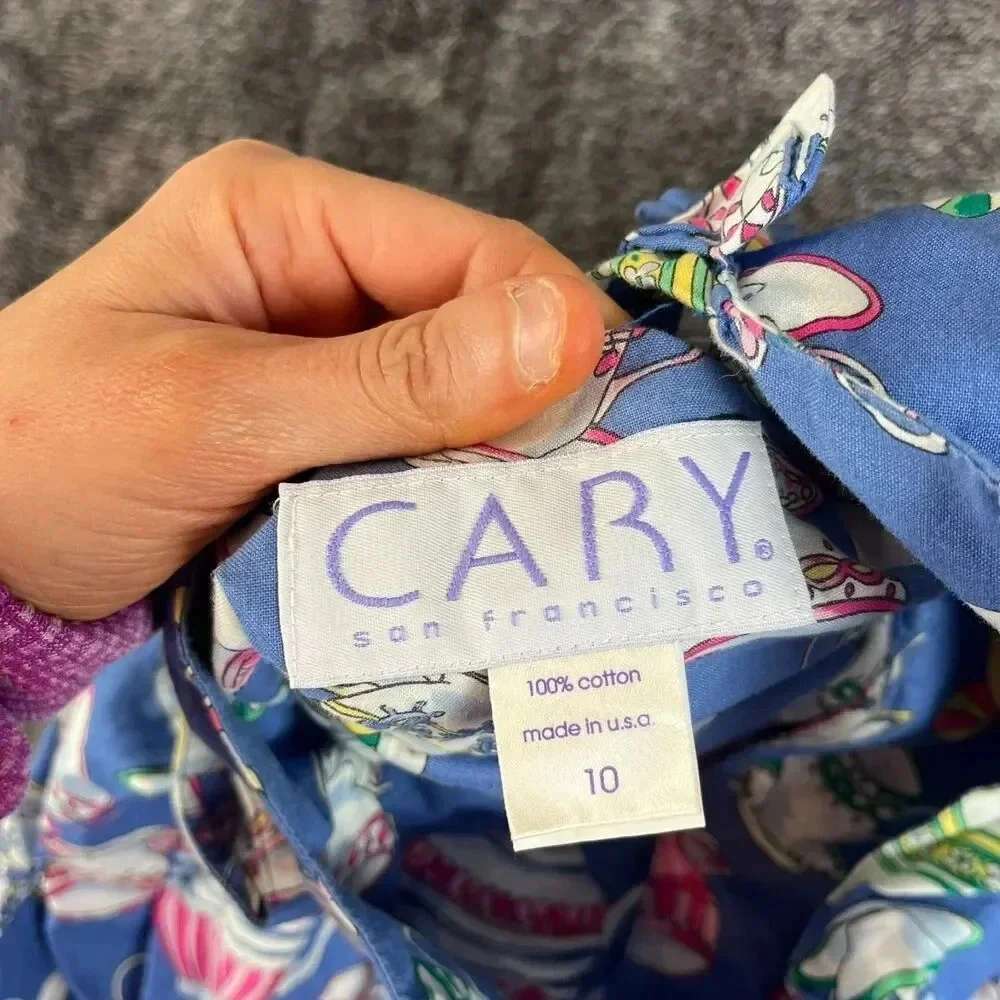 Vtg Cary San Francisco Sleeveless Tea Cup Print Dress Girls 7 Blue Buttons